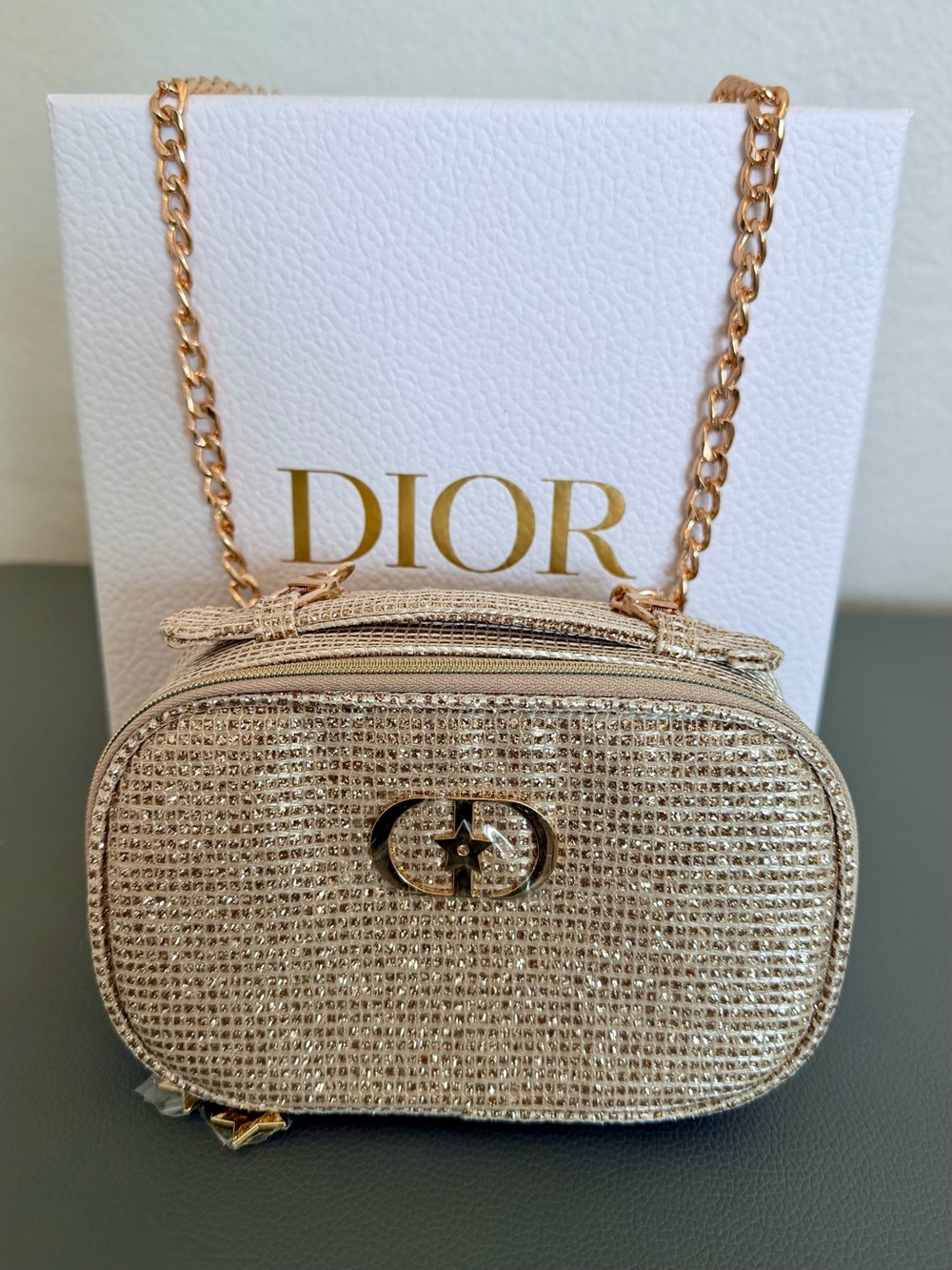 DIOR Gold Glitter Mini Chain Crossbody Beauty Makeup Bag NEW with gift box